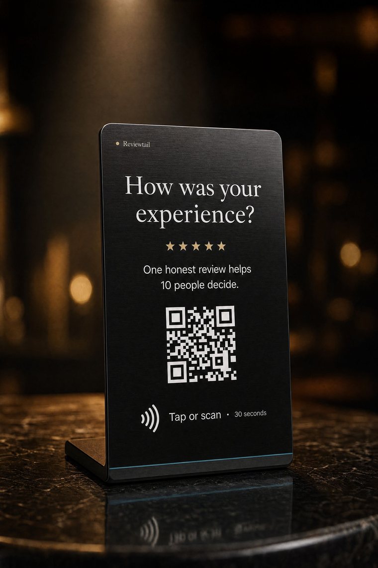 The Reviewtail Plate, a tap-to-review NFC stand on a cafe table